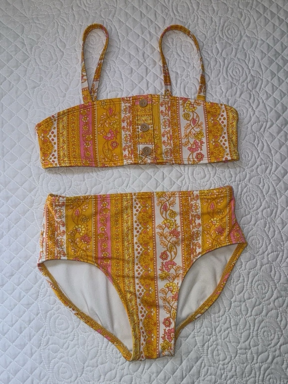 Art Class Girls' Yellow Paisley & Floral Stripe High-Waisted Bikini Set size 7/8